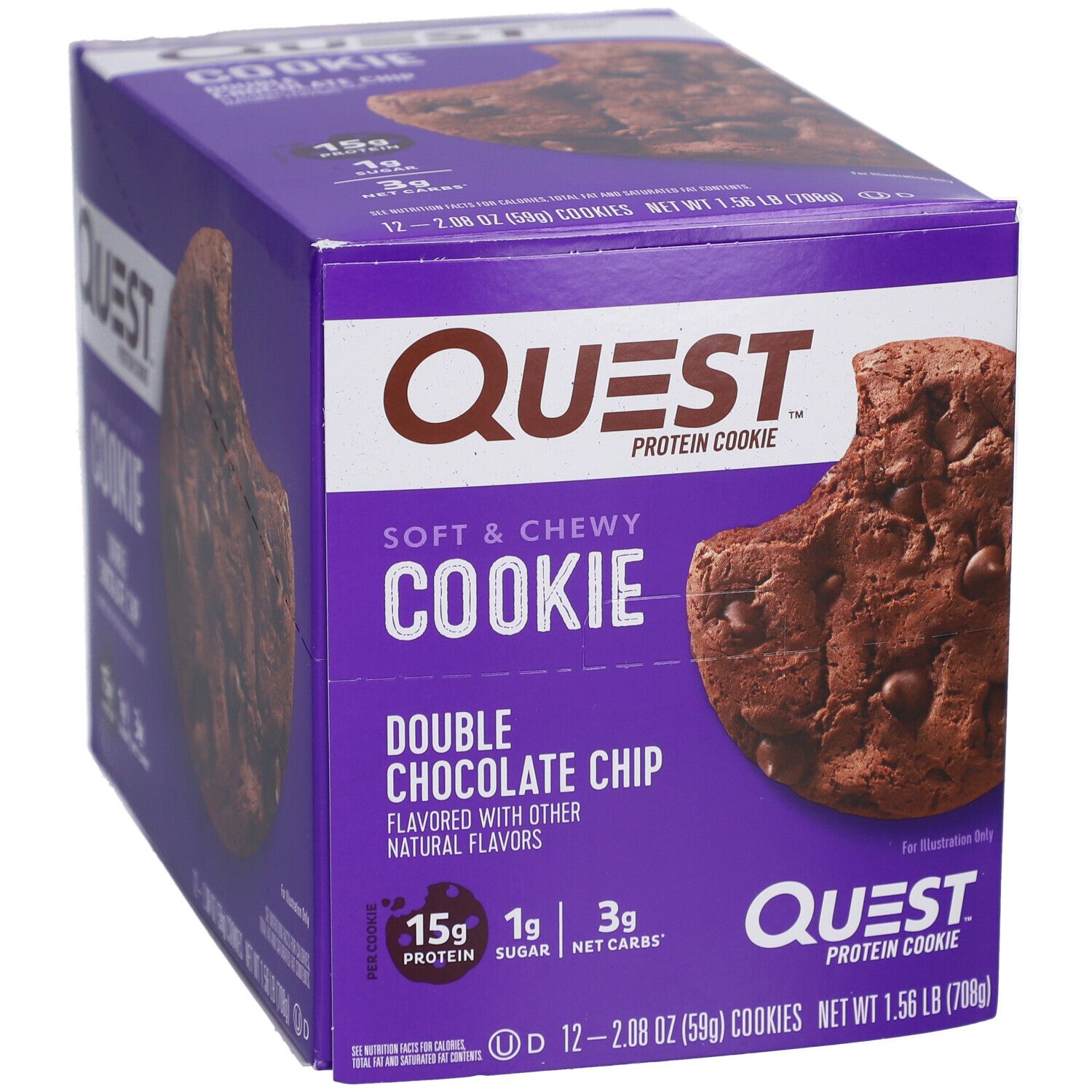 Lila Schachtel mit Quest Protein Cookie. Aufschrift: Double Chocolate Chip. Ein Cookie mit Biss.
