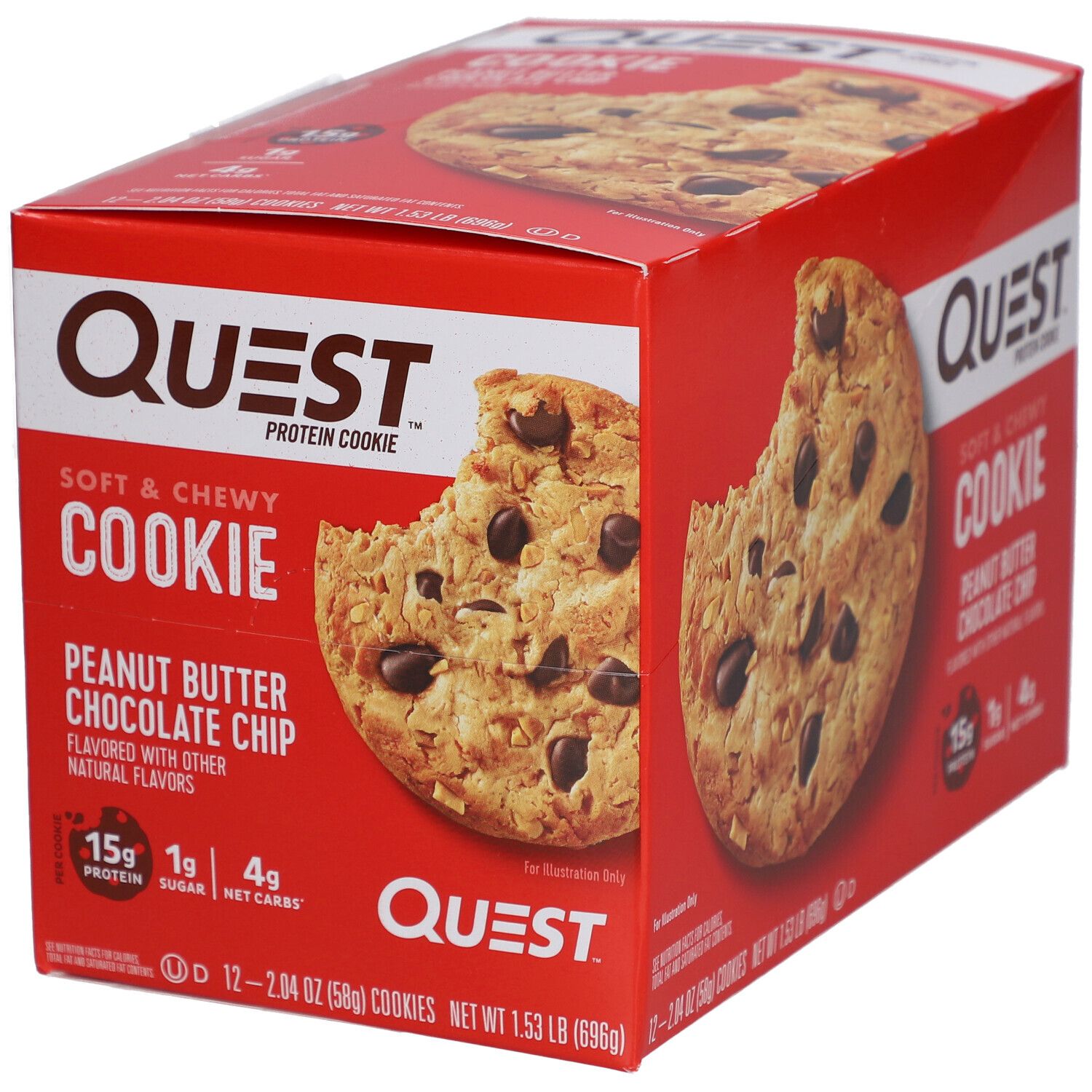 Rote Schachtel mit Quest Protein Cookie Peanut Butter Chocolate Chip. Aufschrift: Soft & Chewy Cookie, 15g Protein, 1g Zucker, 4g Netto-Kohlenhydrate.