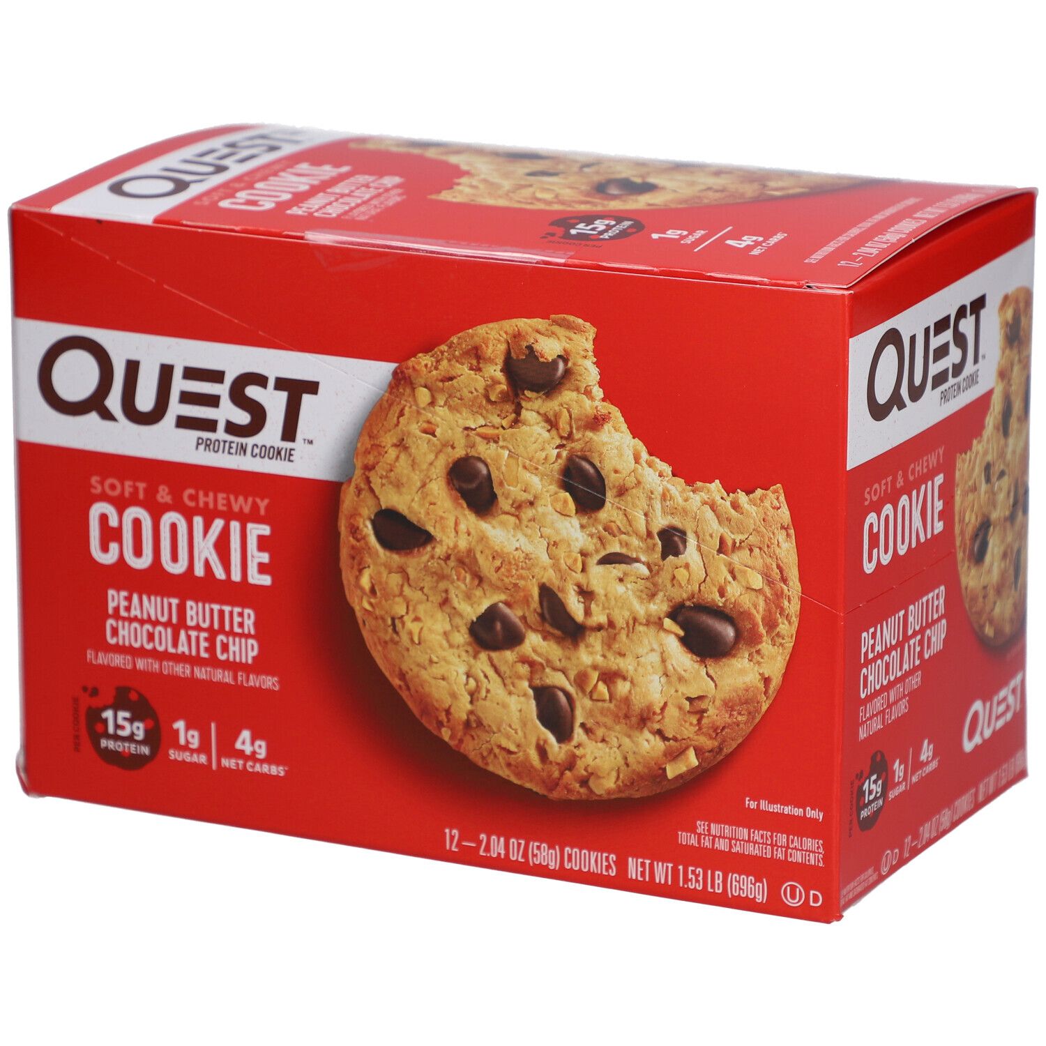 Rote Schachtel mit Quest Protein Cookie Peanut Butter Chocolate Chip. Aufschrift: Soft & Chewy Cookie, 15g Protein, 1g Zucker, 4g Netto-Kohlenhydrate.