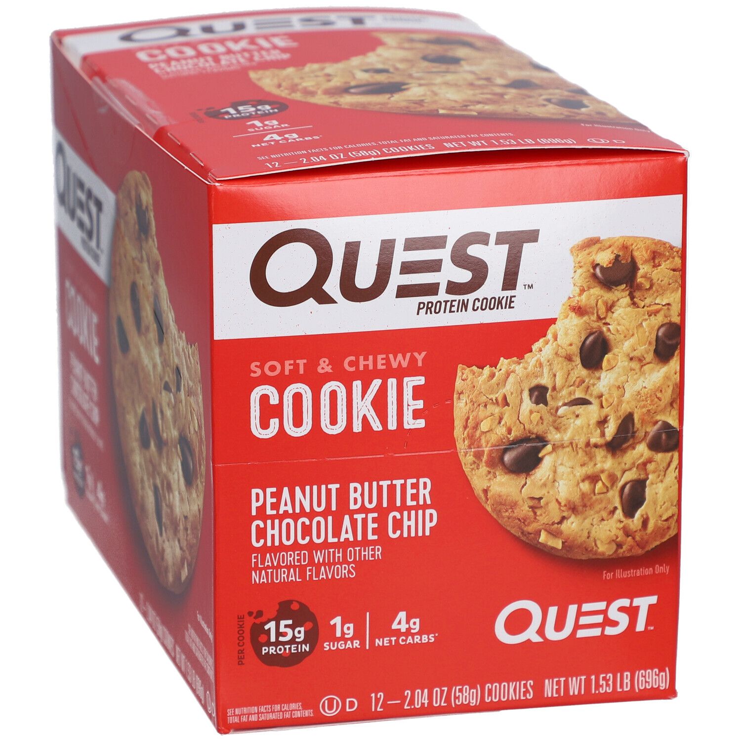 Rote Schachtel mit Quest Protein Cookie Peanut Butter Chocolate Chip. Aufschrift: Soft & Chewy Cookie, 15g Protein, 1g Zucker, 4g Netto-Kohlenhydrate.