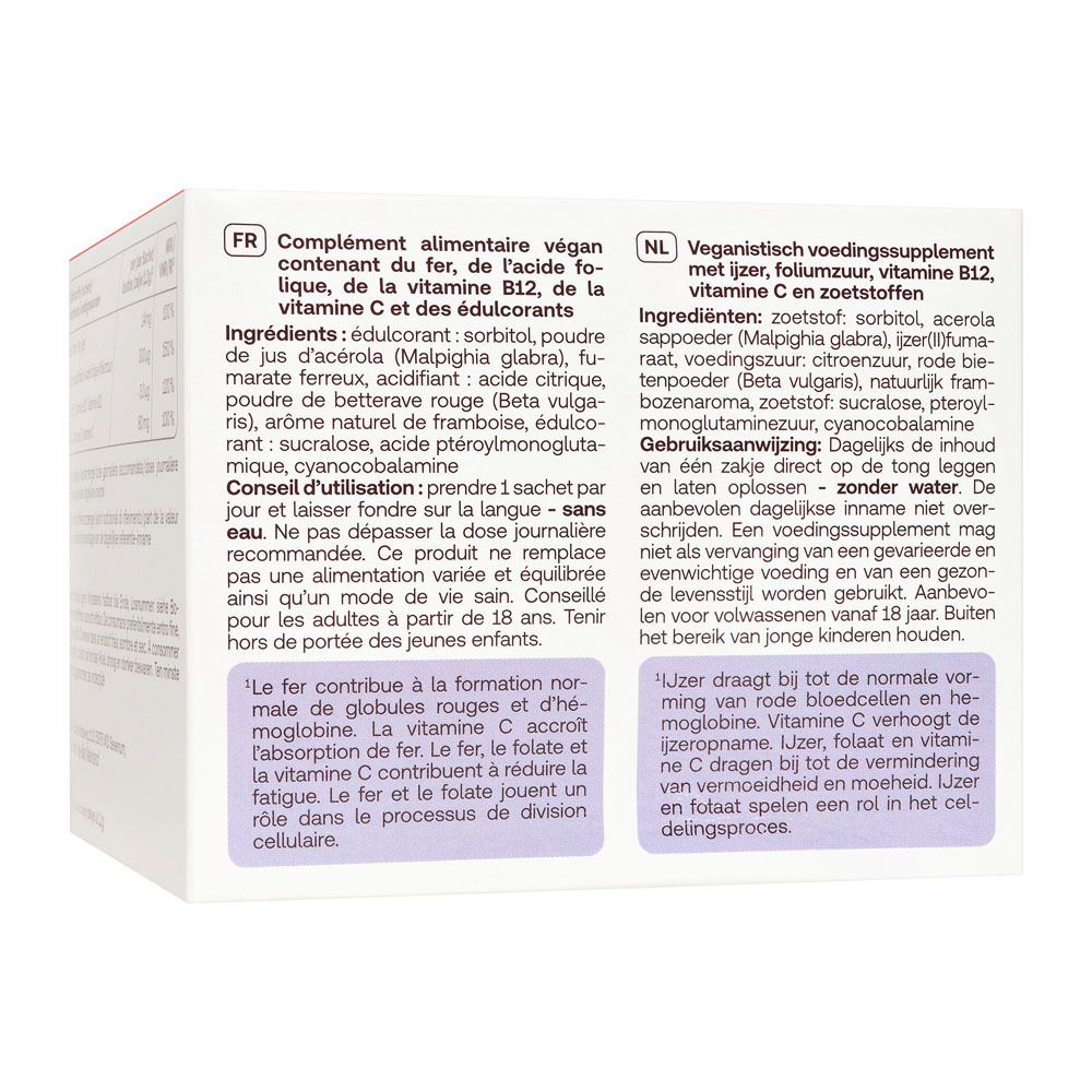 Rückseite der Verpackung von Redcare Vita Eisen Plus Direkt. Informationen in Französisch und Niederländisch.
