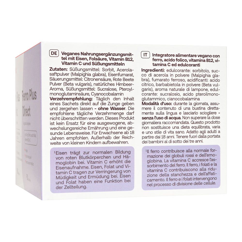 Rückseite der Packung Redcare Vita Eisen Plus Direkt. Zutatenliste.