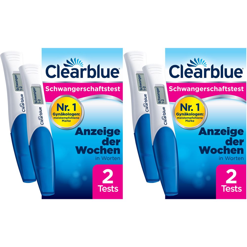Zwei Packungen Clearblue Schwangerschaftstest Digital. Blaue und weiße Teststäbe mit digitaler Anzeige. Verpackung mit Text.