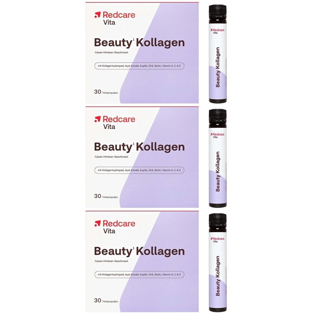 Drei Packungen Redcare Vita Beauty Kollagen. Jede Packung enthält 30 Trinkampullen.