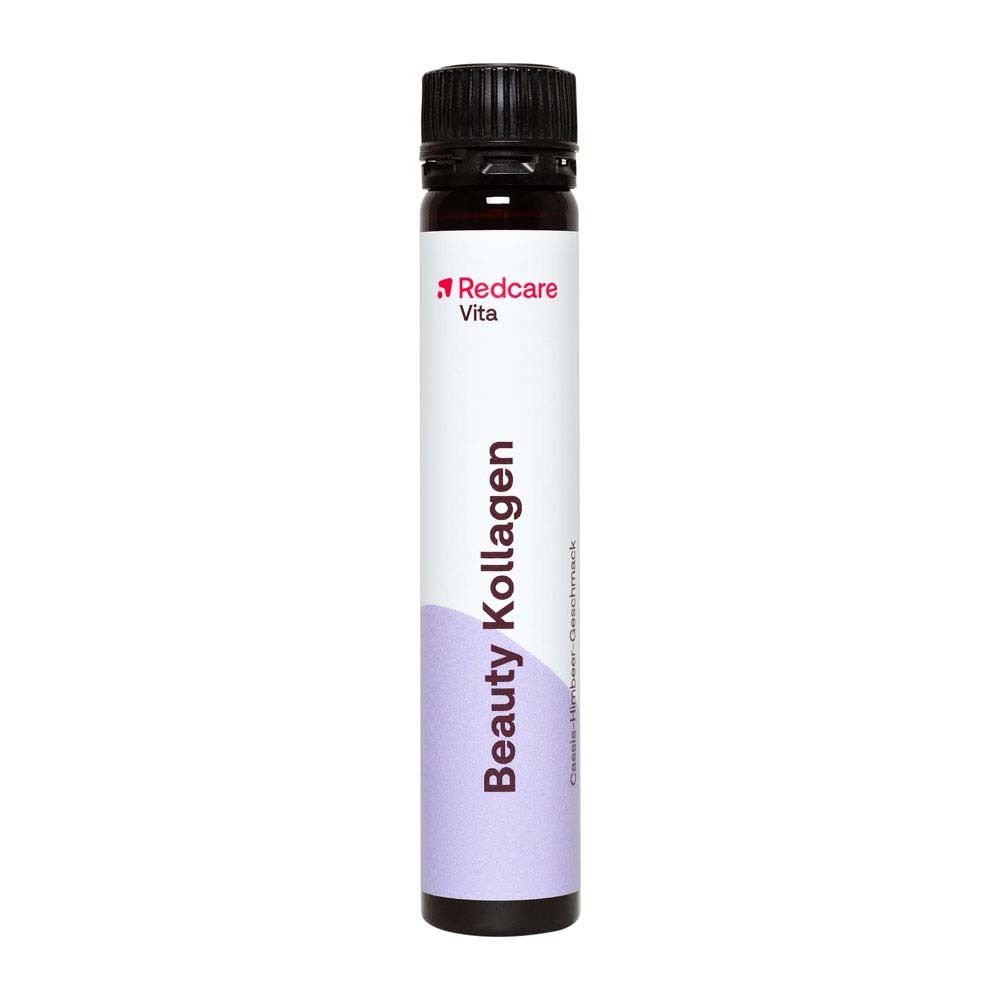 Eine Trinkampulle Redcare Vita Beauty Kollagen. Schwarzer Deckel, weißer Schriftzug.