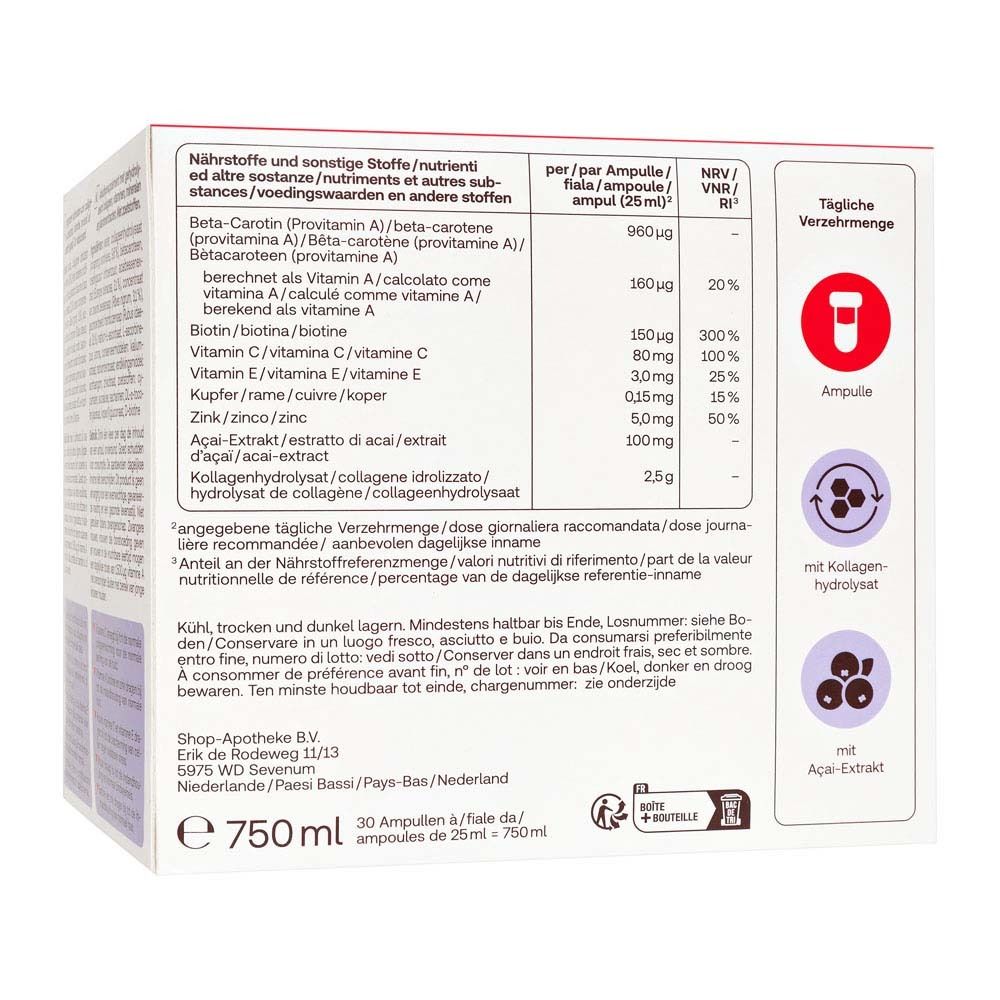Rückseite der Packung Redcare Vita Beauty Kollagen. Nährwertangaben, Inhaltsstoffe.