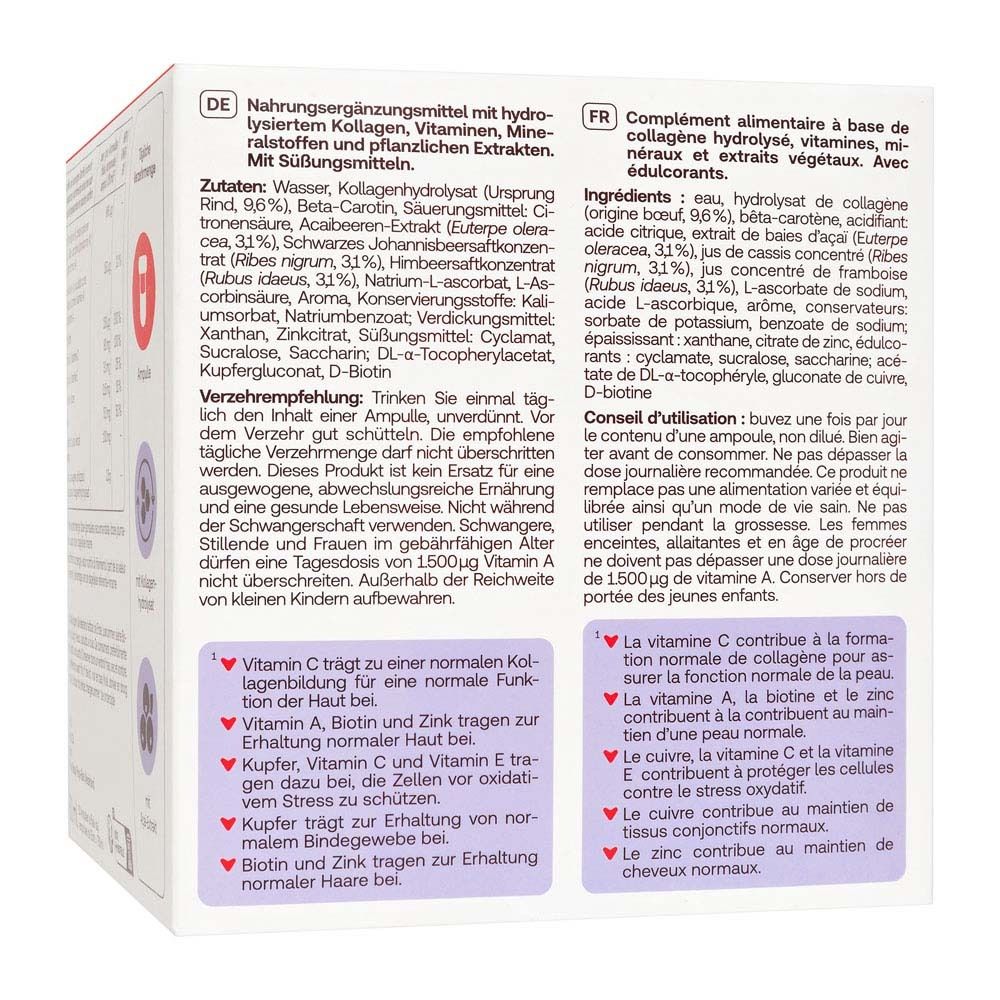 Rückseite der Packung Redcare Vita Beauty Kollagen. Inhaltsstoffe, Anwendungshinweise.