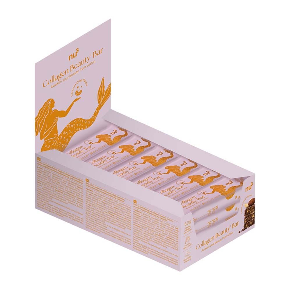 Karton mit Collagen Beauty Bars. Geöffnete Verpackung mit mehreren Riegeln. Aufdruck: nu3, Collagen Beauty Bar, Meerjungfrau.