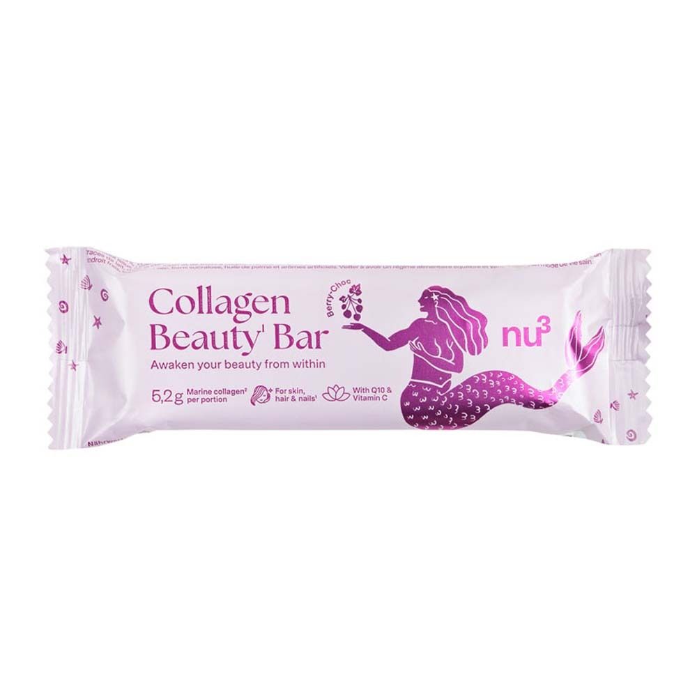 Einzelne Collagen Beauty Bar. Weiße Verpackung mit Aufdruck. Meerjungfrau-Illustration und Produktinformationen.