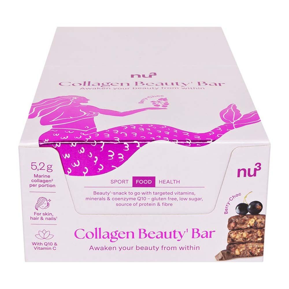 Box mit Collagen Beauty Bar. Aufdruck mit Meerjungfrau, Produktnamen und Informationen. Einzelne Riegel sichtbar.