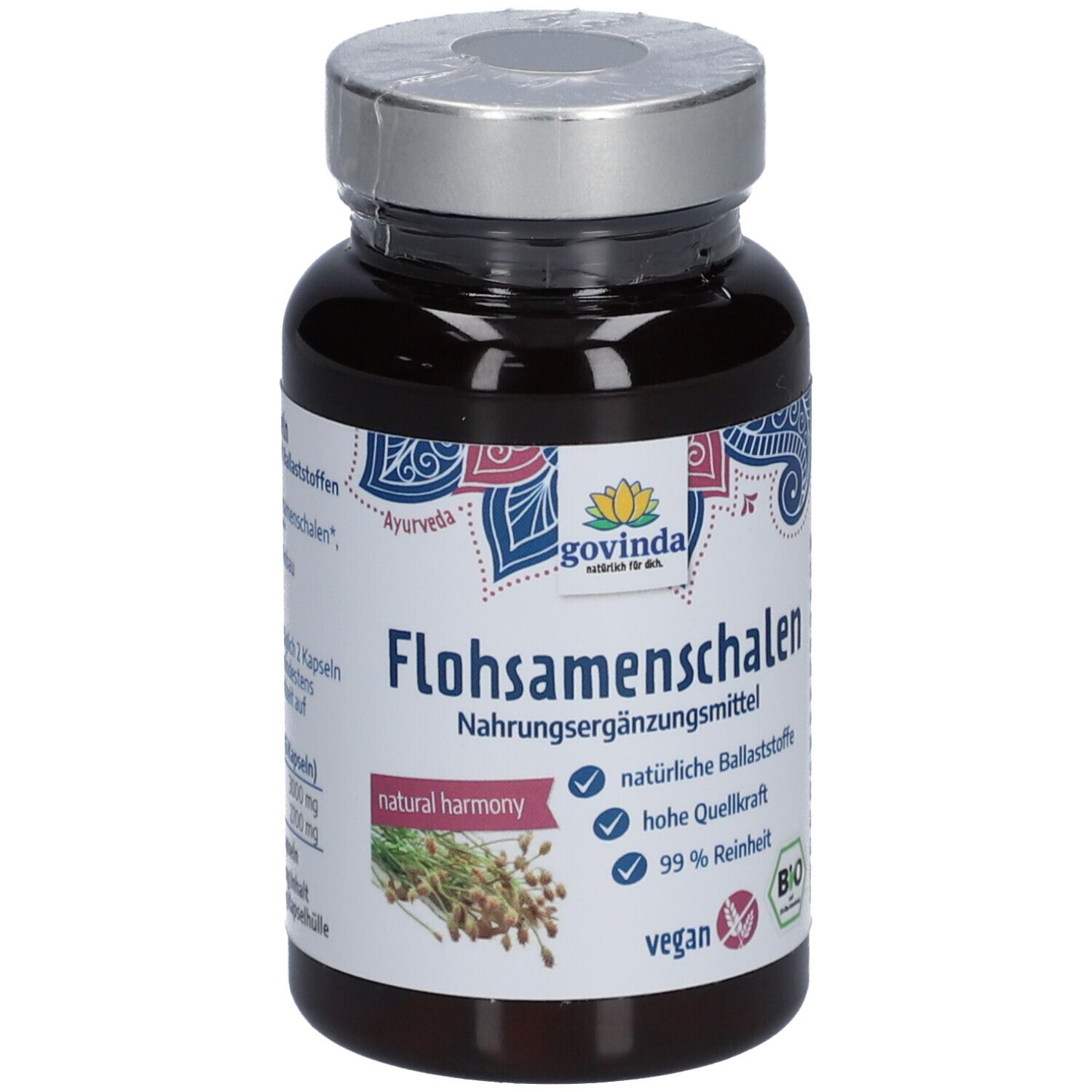 Braune Flasche mit Kapseln. Aufschrift: Govinda Flohsamenschalen, Nahrungsergänzungsmittel. Vegan, Bio-Siegel.