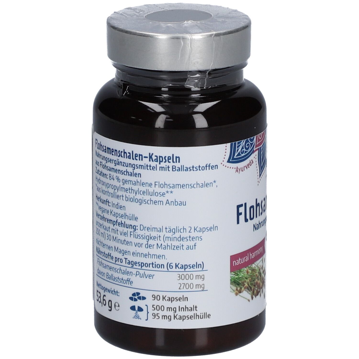 Braune Flasche mit Kapseln. Aufschrift: Flohsamenschalen-Kapseln, Nahrungsergänzungsmittel. Rückseite mit Inhaltsangaben.