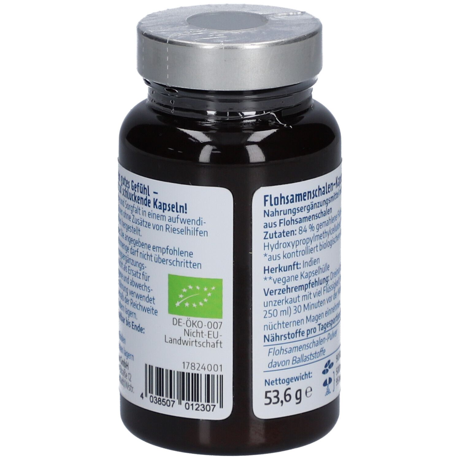 Braune Flasche mit Kapseln. Rückseite mit Text: Flohsamenschalen-Kapseln, Nahrungsergänzungsmittel. Bio-Siegel.