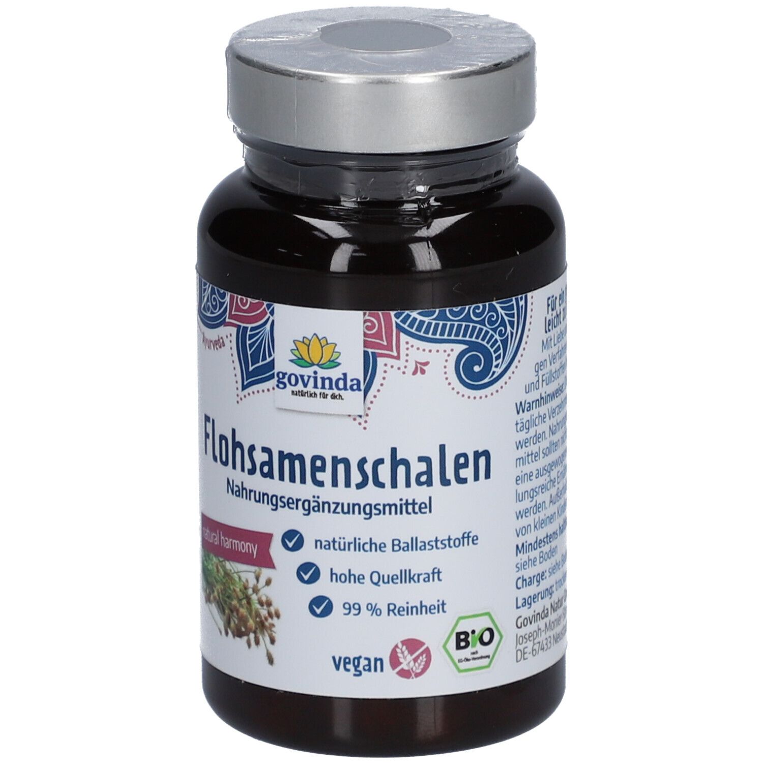 Braune Flasche mit Kapseln. Aufschrift: Govinda Flohsamenschalen, Nahrungsergänzungsmittel. Vegan, Bio-Siegel.