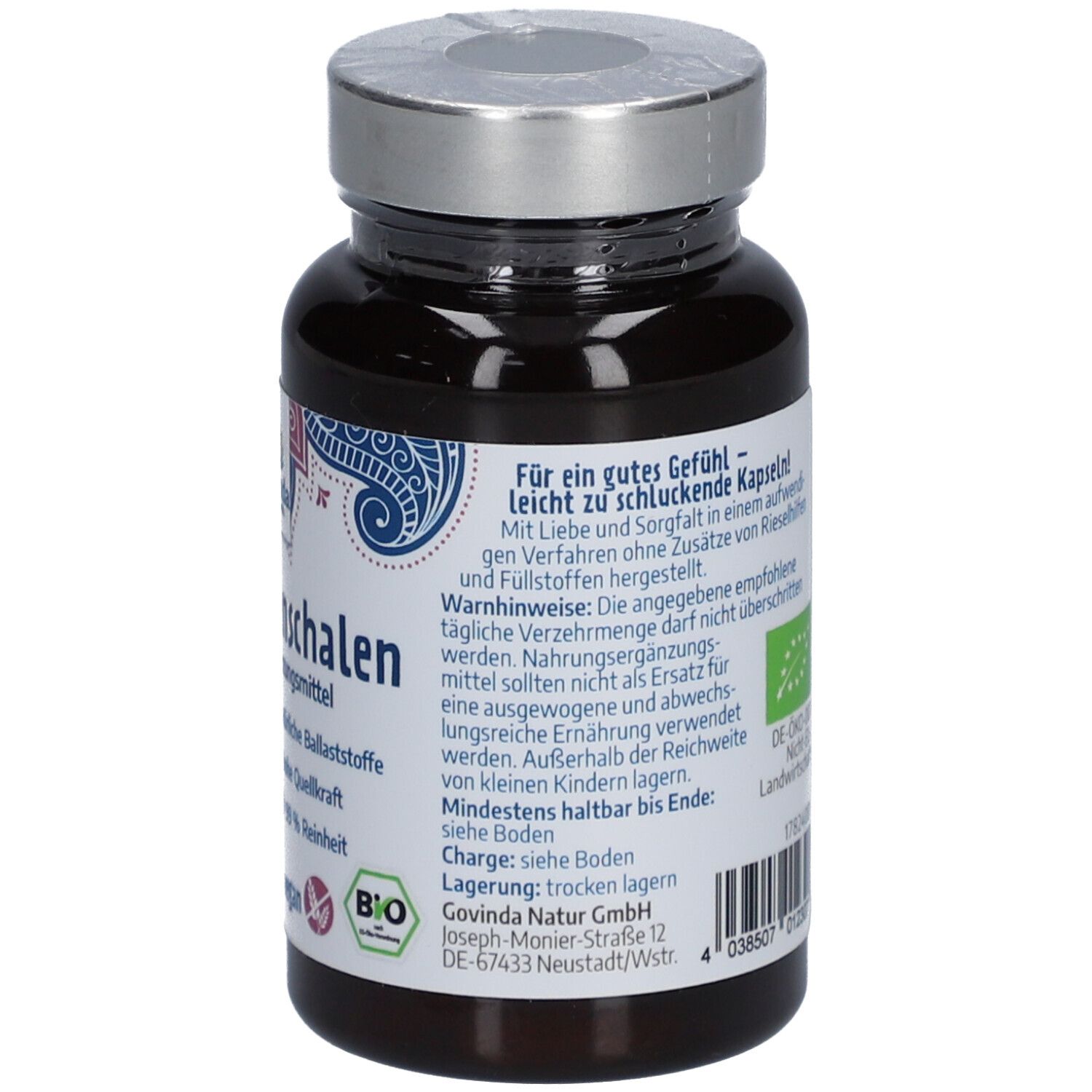 Braune Flasche mit Kapseln. Rückseite mit Text: Flohsamenschalen-Kapseln, Nahrungsergänzungsmittel. Bio-Siegel.