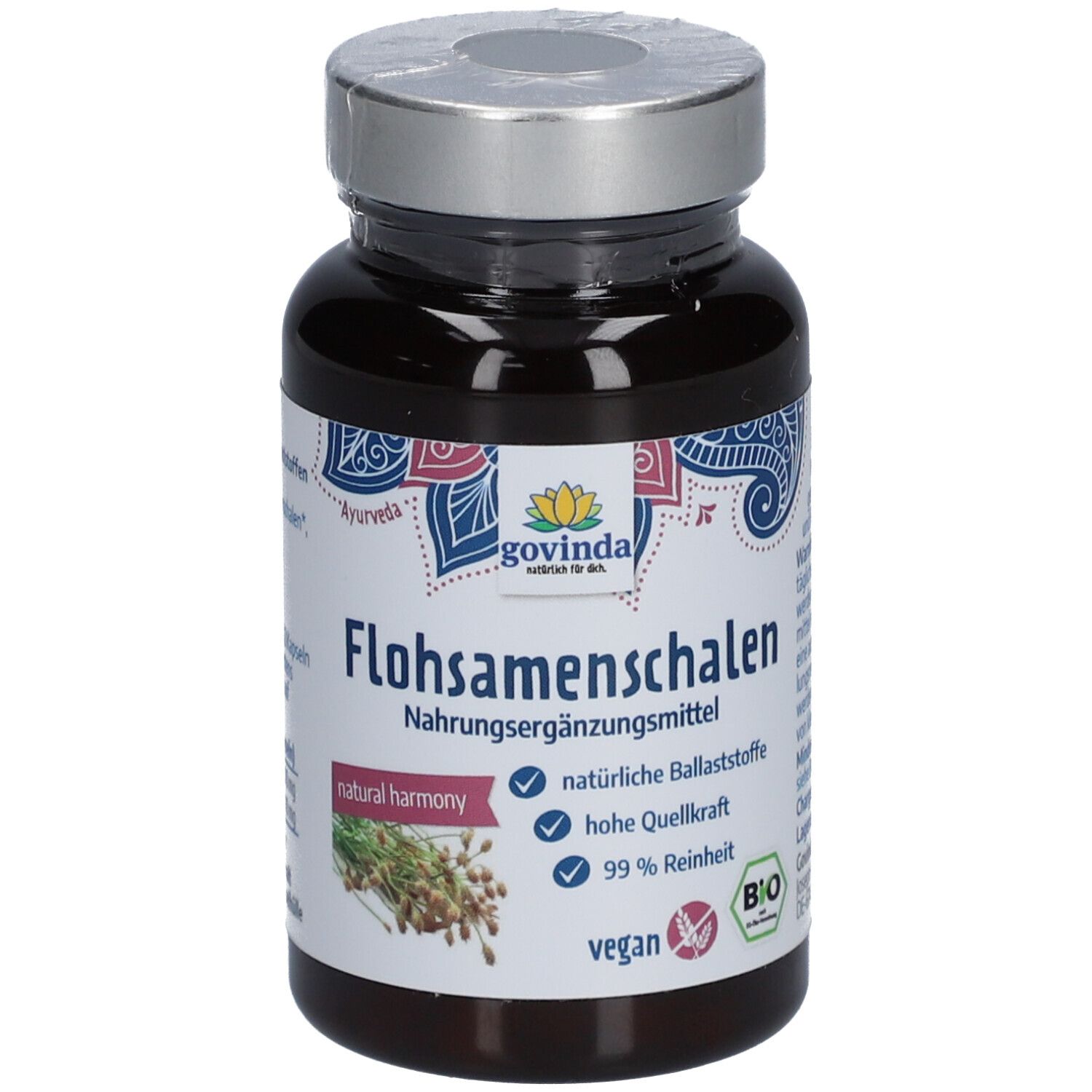 Braune Flasche mit Kapseln. Aufschrift: Govinda Flohsamenschalen, Nahrungsergänzungsmittel. Vegan, Bio-Siegel.