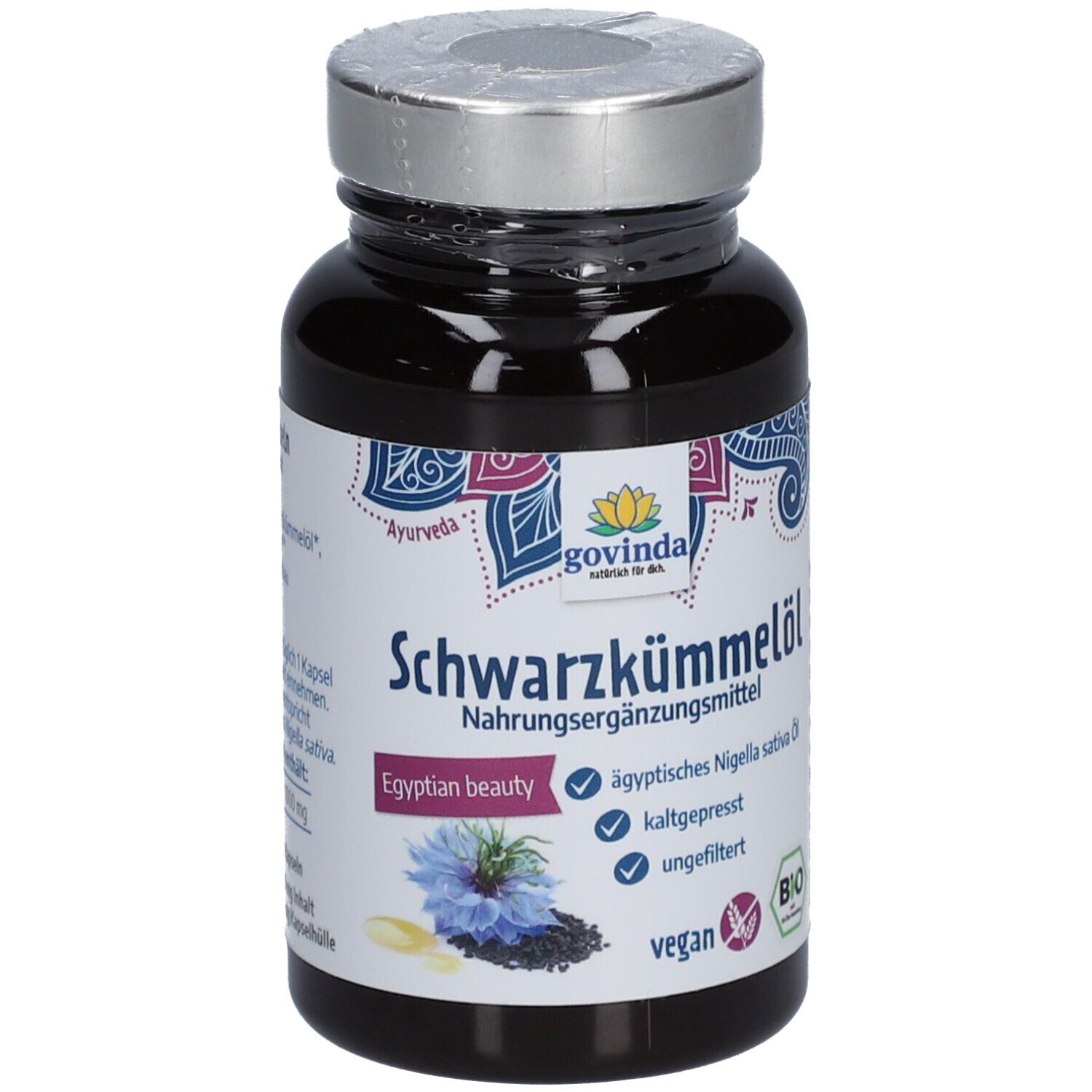 Schwarzkümmelöl Kapseln in einer schwarzen Flasche. Aufschrift: Govinda, ägyptisches Nigella Sativa Öl, kaltgepresst, ungefiltert, vegan, Bio.