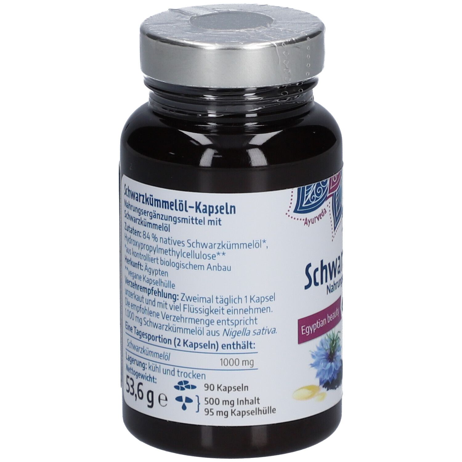Rückseite der Flasche mit Schwarzkümmelöl Kapseln. Zutaten, Verzehrempfehlung, Inhalt, Gewicht, und Bio-Siegel sind sichtbar.