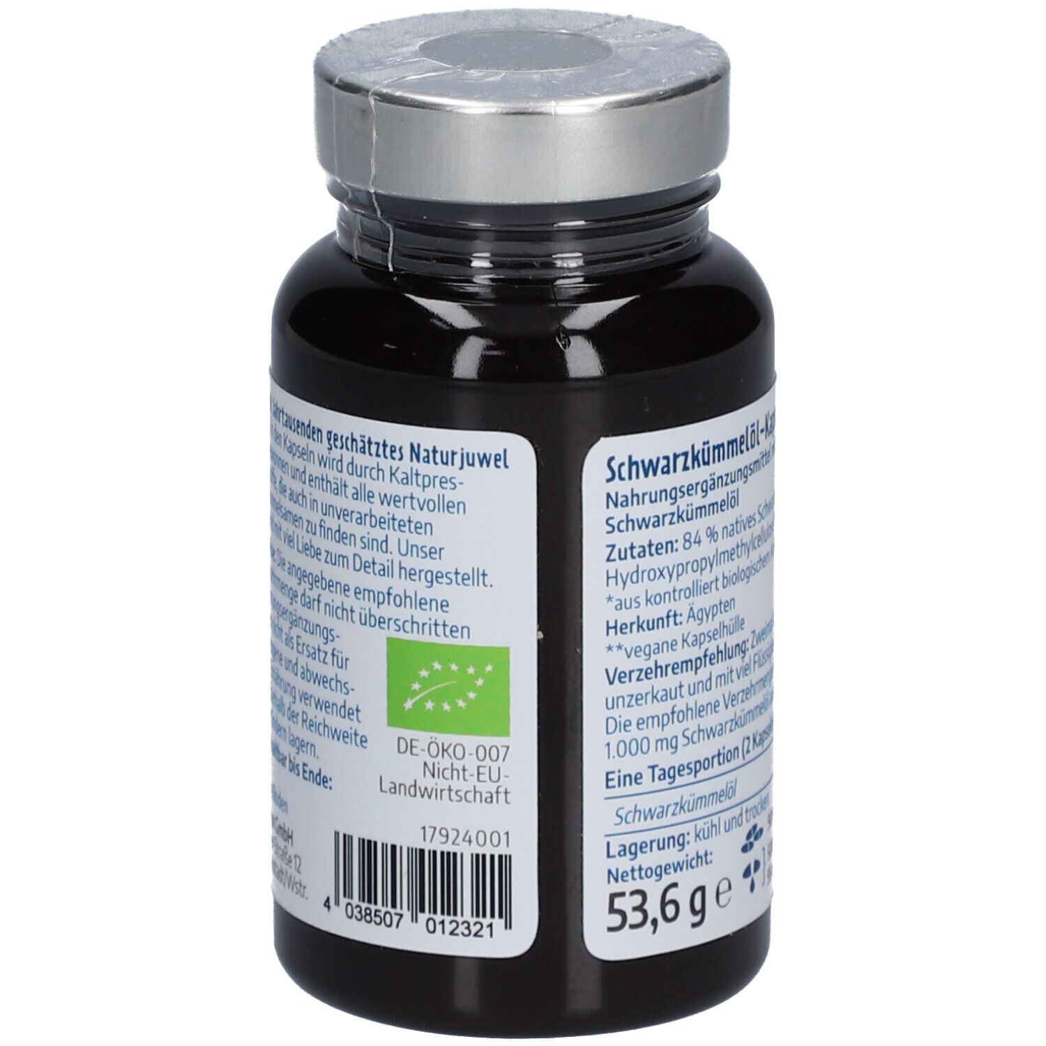 Rückseite der Flasche mit Schwarzkümmelöl Kapseln. Bio-Siegel, Inhaltsstoffe, Herstellerinformationen und Mindesthaltbarkeitsdatum sind sichtbar.