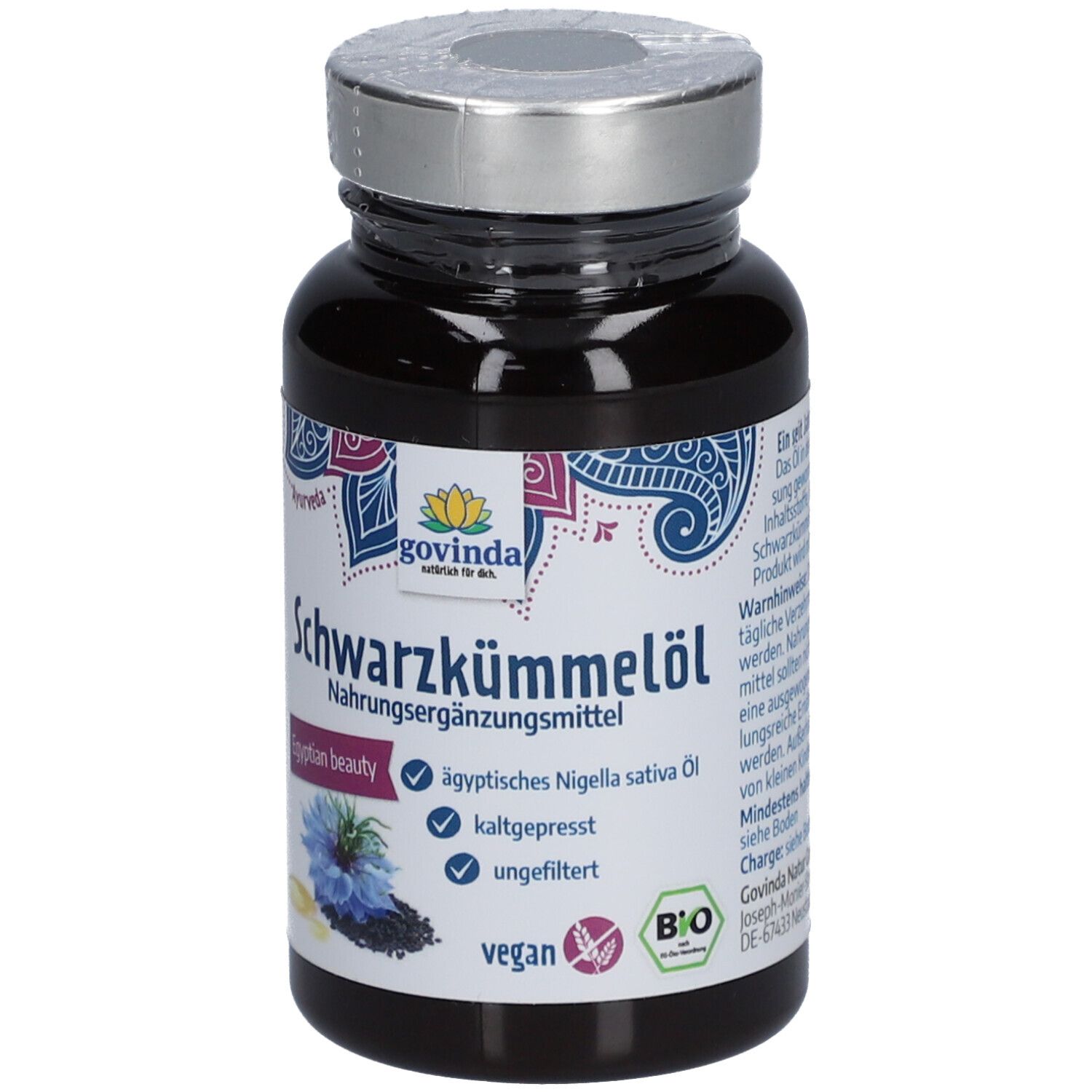 Schwarzkümmelöl Kapseln in einer schwarzen Flasche. Aufschrift: Govinda, ägyptisches Nigella Sativa Öl, kaltgepresst, ungefiltert, vegan, Bio.