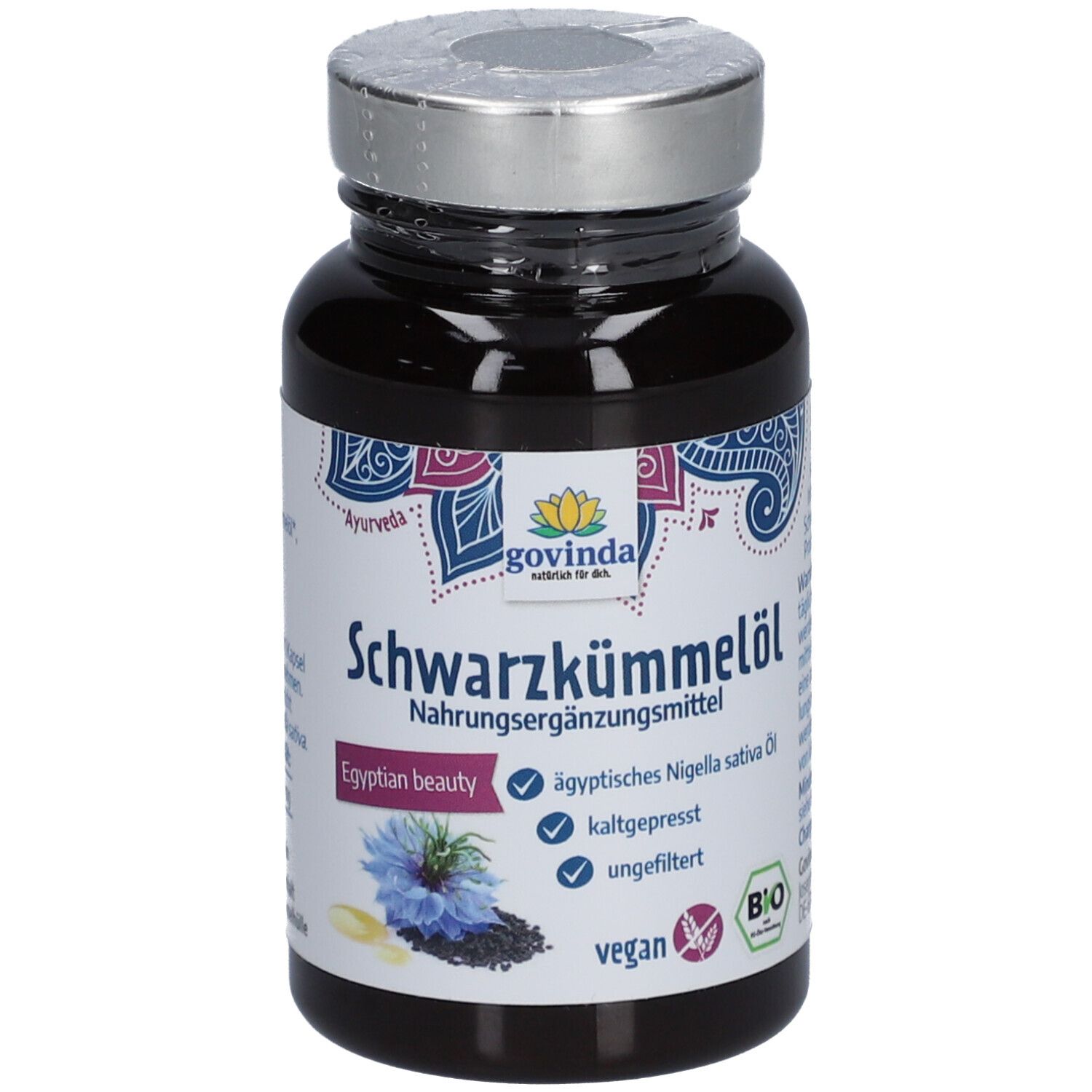 Schwarzkümmelöl Kapseln in einer schwarzen Flasche. Aufschrift: Govinda, ägyptisches Nigella Sativa Öl, kaltgepresst, ungefiltert, vegan, Bio.