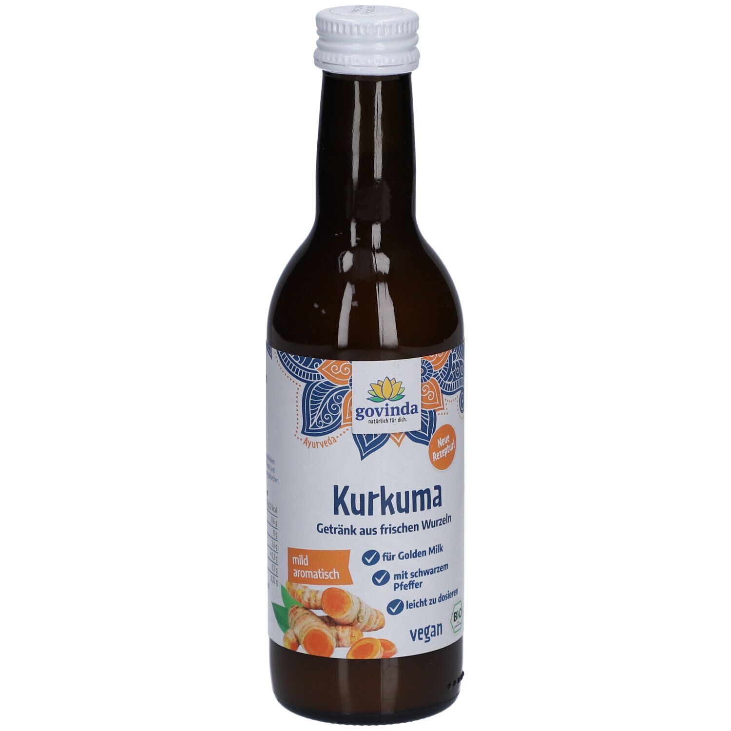 Braune Glasflasche mit weißem Deckel. Etikett mit Govinda-Logo und Kurkuma-Getränk-Informationen. Vegan, Bio-Siegel.