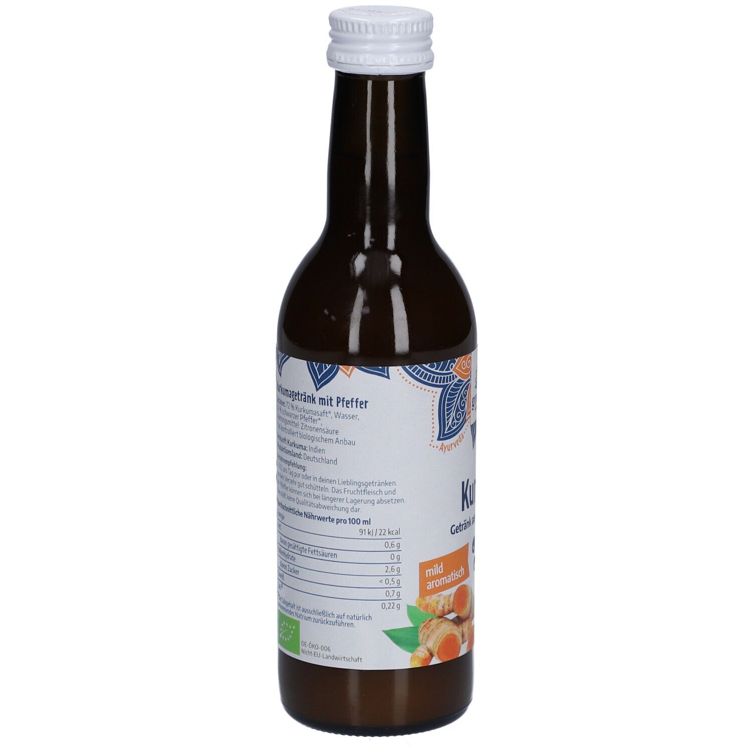 Braune Glasflasche, Seitenansicht. Etikett mit Nährwertangaben und Zutatenliste. Bio-Siegel und weitere Informationen.