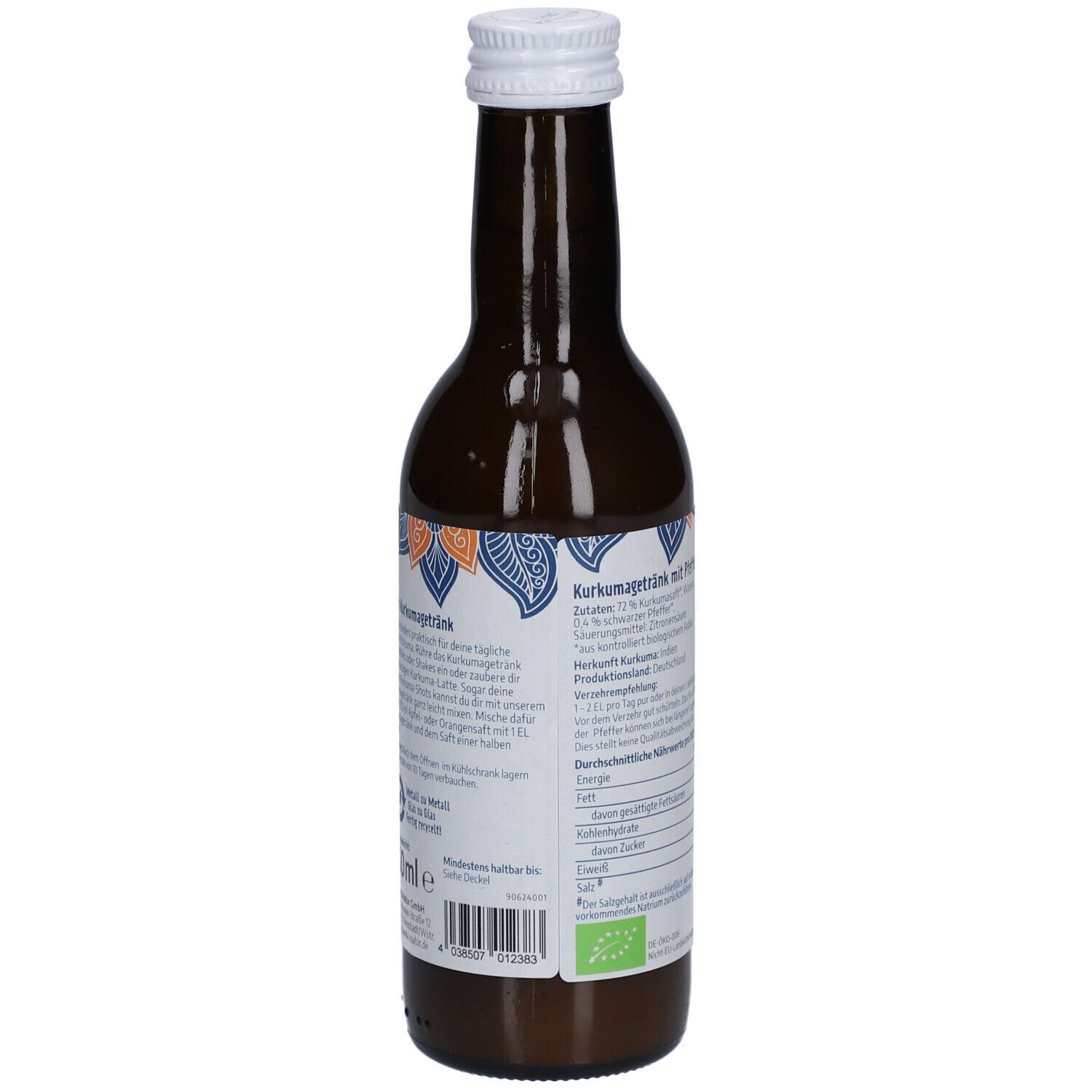 Braune Glasflasche, Seitenansicht. Etikett mit Informationen zum Produkt. Bio-Siegel und weitere Angaben.