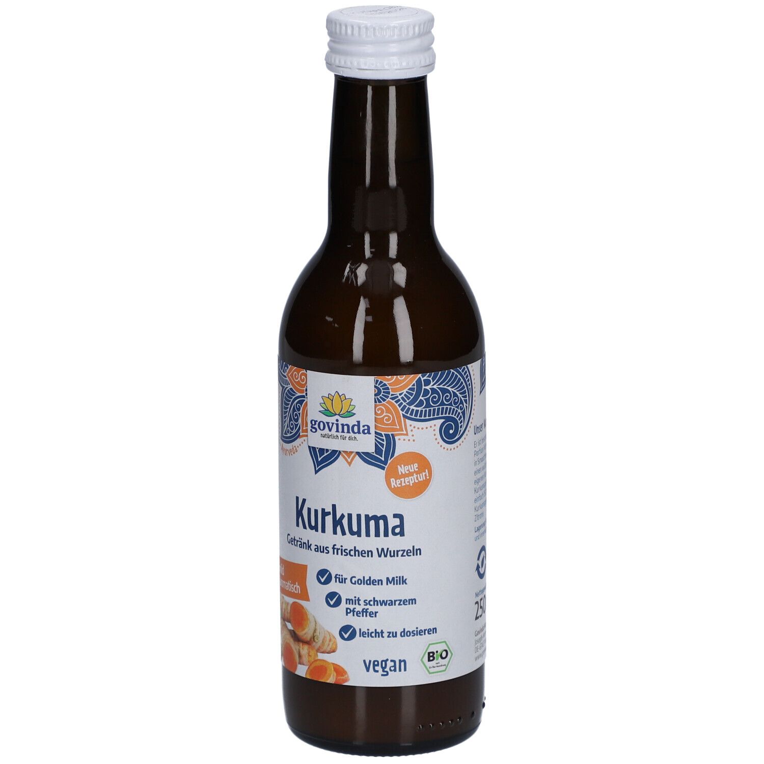 Braune Glasflasche mit weißem Deckel. Etikett mit Govinda-Logo und Kurkuma-Getränk-Informationen. Vegan, Bio-Siegel.