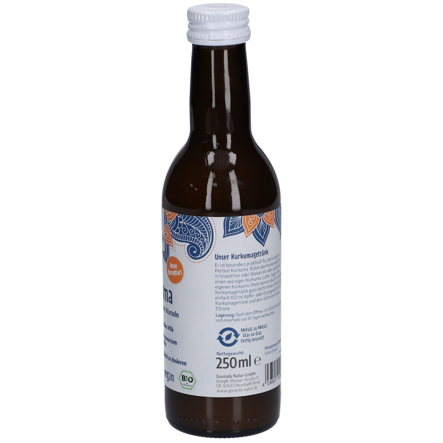 Braune Glasflasche mit weißem Deckel. Rückseite mit Produktinformationen, Bio-Siegel und Volumenangabe.