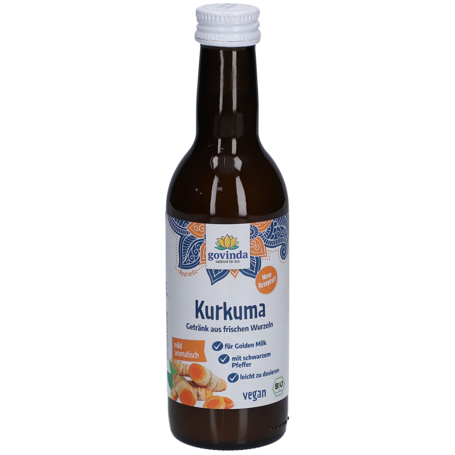 Braune Glasflasche mit weißem Deckel. Etikett mit Produktnamen, Logo und Zutaten. Bio-Siegel.