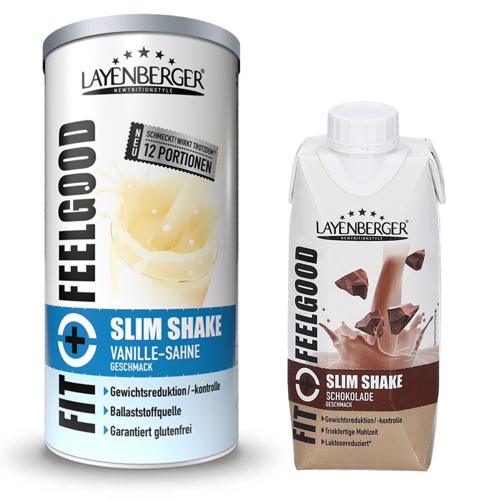 Zwei Produkte von Layenberger Fit+Feelgood Slim Shake. Links: Dose Vanille-Sahne. Rechts: Tetrapack Schokolade. Beide mit Logo und Produktbezeichnungen.