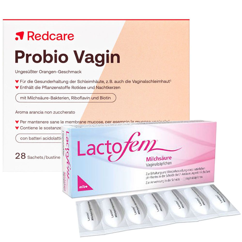 Verpackung von Redcare Probio Vagin und Lactofem Milchsäure Vaginalzäpfchen. Beide Produkte sind nebeneinander abgebildet, mit Text und Produktnamen.