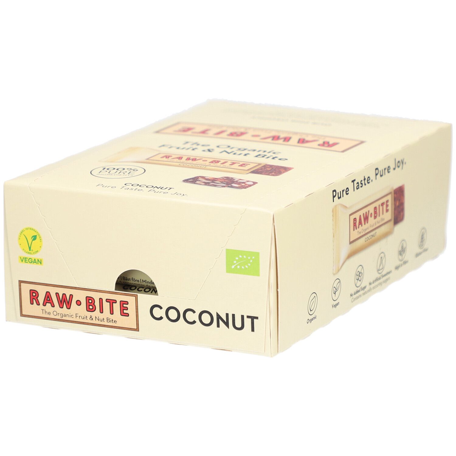 Karton mit RAWBITE Frucht- & Nussriegel mit Kokosnuss. Vegan, Bio-Siegel. Aufschrift: Pure Taste. Pure Joy.
