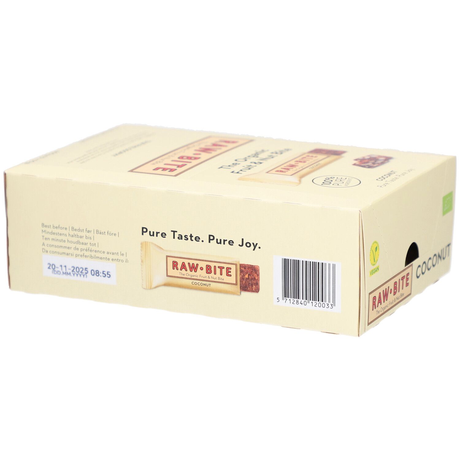 Karton mit RAWBITE Frucht- & Nussriegel mit Kokosnuss. Barcode, Mindesthaltbarkeitsdatum. Aufschrift: Pure Taste. Pure Joy.