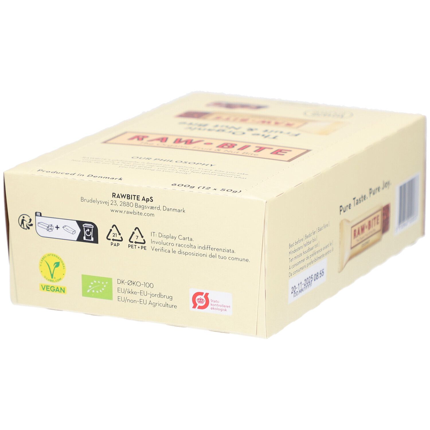 Karton mit RAWBITE Frucht- & Nussriegel mit Kokosnuss. Vegan, Bio-Siegel. Aufschrift: Pure Taste. Pure Joy. 600g (12 x 50g).