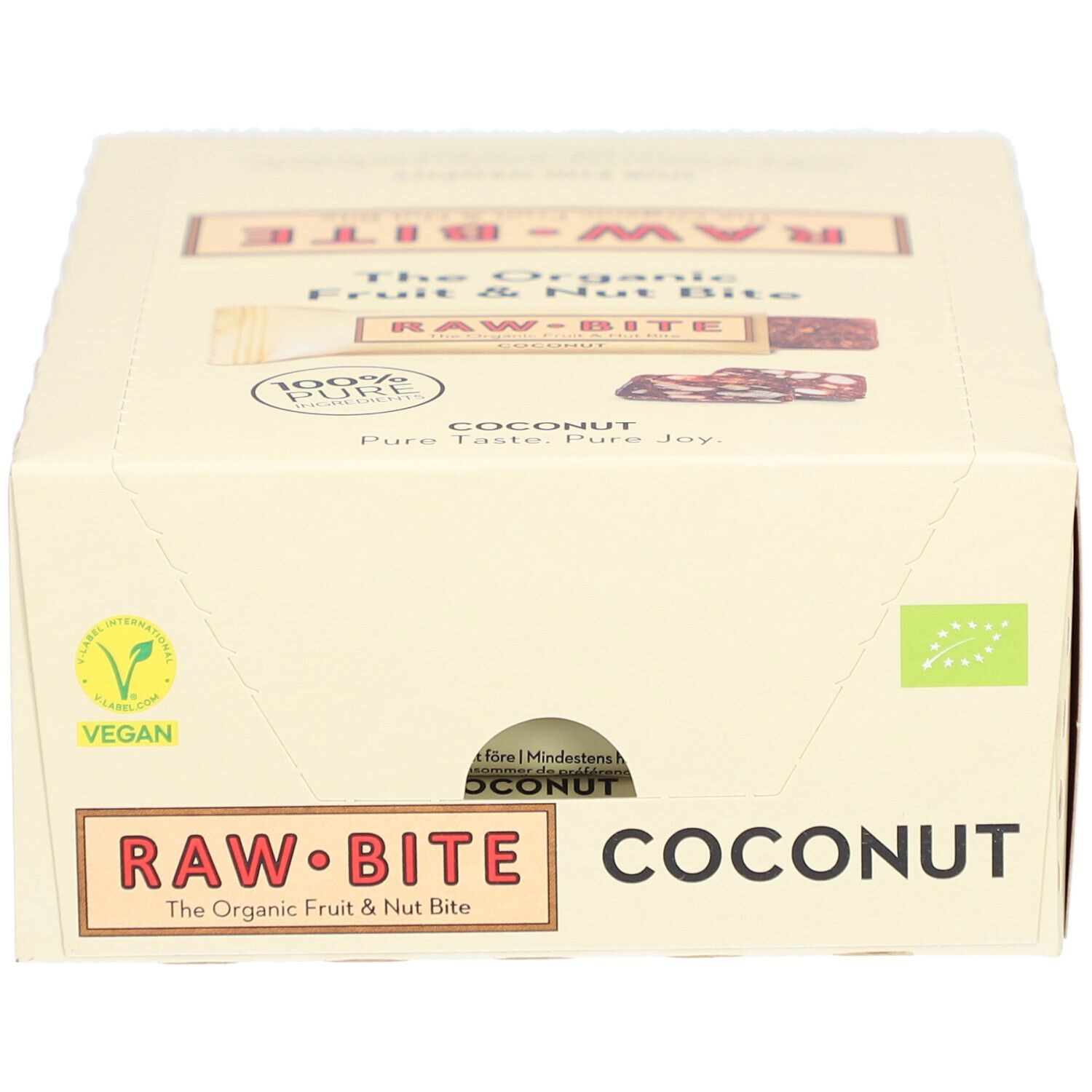 Karton mit RAWBITE Frucht- & Nussriegel mit Kokosnuss. Vegan, Bio-Siegel. Aufschrift: COCONUT, RAWBITE, Pure Taste. Pure Joy.