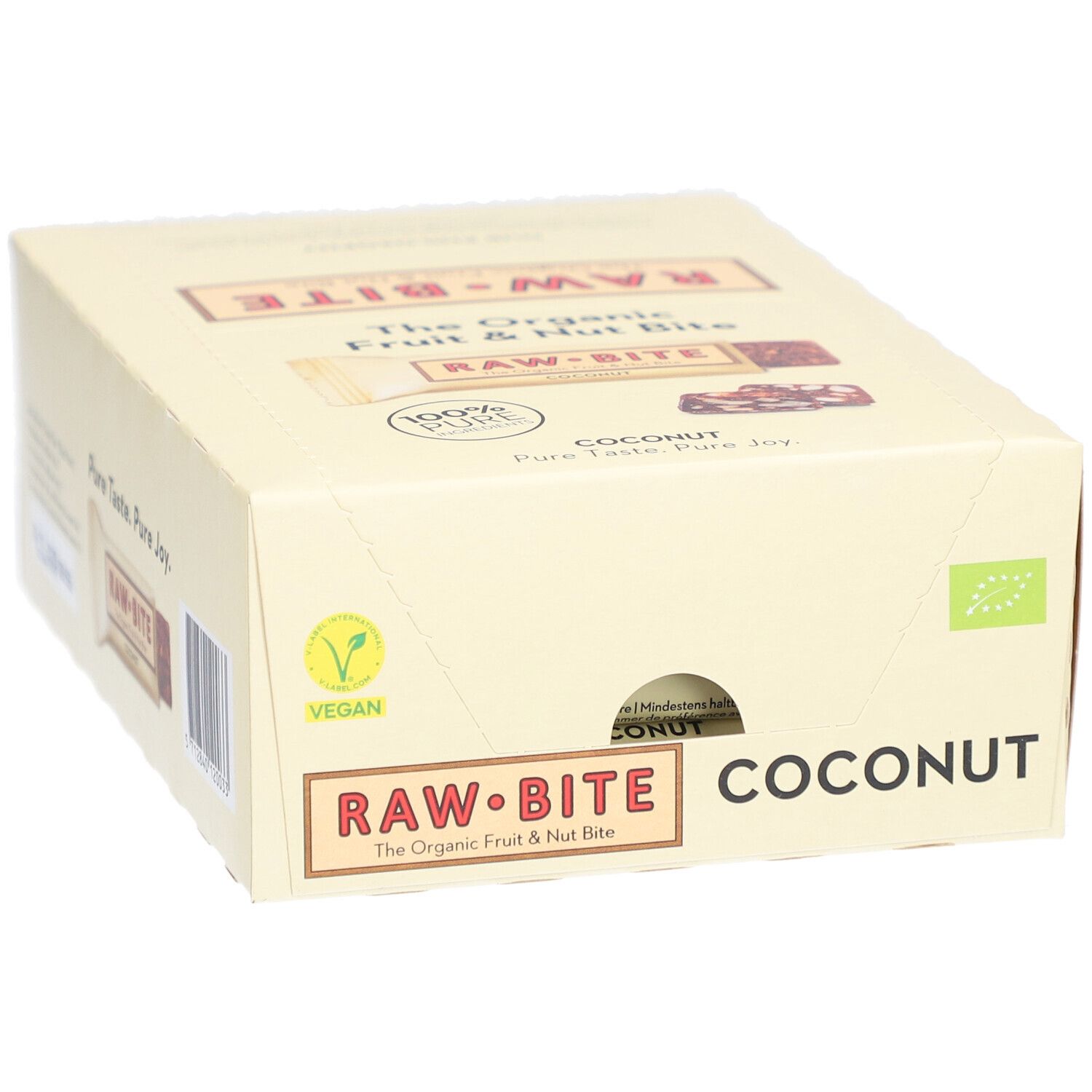Karton mit RAWBITE Frucht- & Nussriegel mit Kokosnuss. Vegan, Bio-Siegel. Aufschrift: COCONUT, RAWBITE, Pure Taste. Pure Joy.