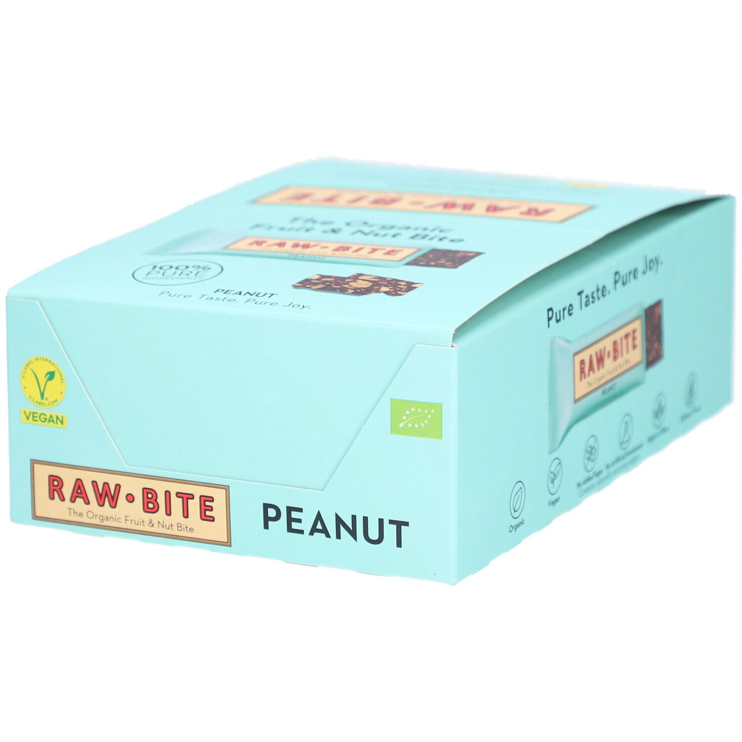 Hellblaue Schachtel mit RAWBITE-Riegeln. Aufschrift PEANUT. Vegan-Logo. Aufdruck: The Organic Fruit & Nut Bite.