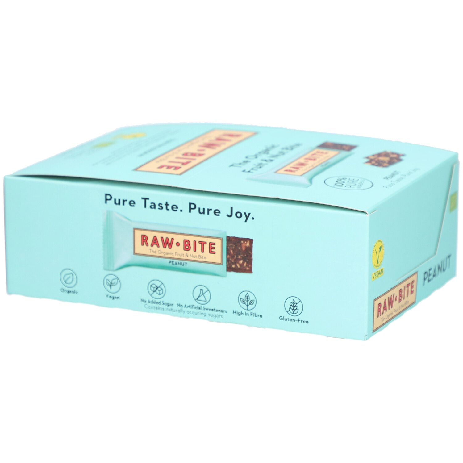 Hellblaue Schachtel mit RAWBITE-Riegeln. Aufschrift PEANUT. Logos: Organic, Vegan, ohne Zuckerzusatz, High in Fibre, Gluten-Free.
