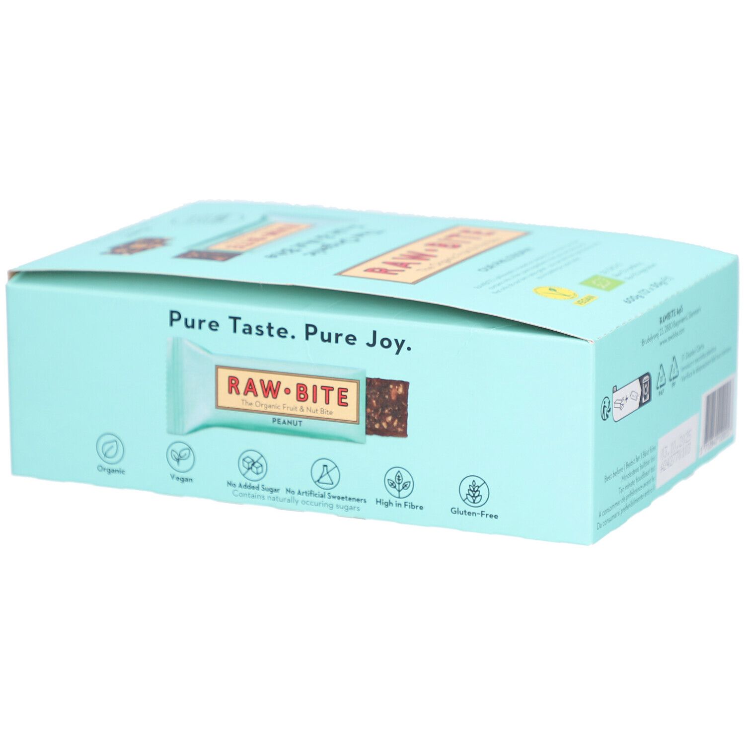 Hellblaue Schachtel mit RAWBITE-Riegeln. Aufschrift PEANUT. Logos: Organic, Vegan, ohne Zuckerzusatz, High in Fibre, Gluten-Free.