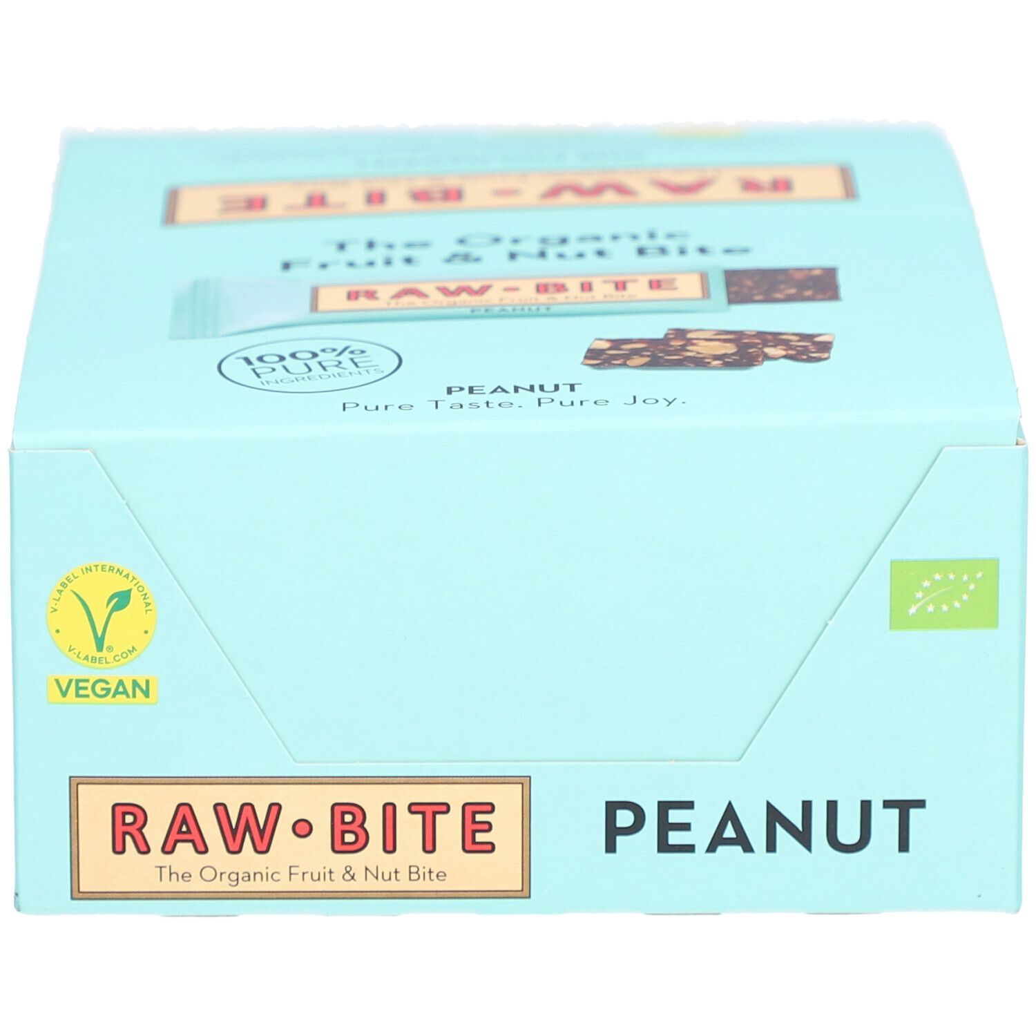Hellblaue Schachtel mit RAWBITE-Riegeln. Aufschrift PEANUT. Vegan-Logo. Aufdruck: The Organic Fruit & Nut Bite. 100% Pure.