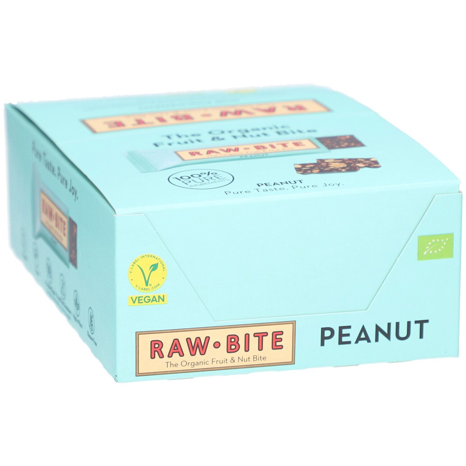 Hellblaue Schachtel mit RAWBITE-Riegeln. Aufschrift PEANUT. Vegan-Logo. Aufdruck: The Organic Fruit & Nut Bite. Bio-Siegel.