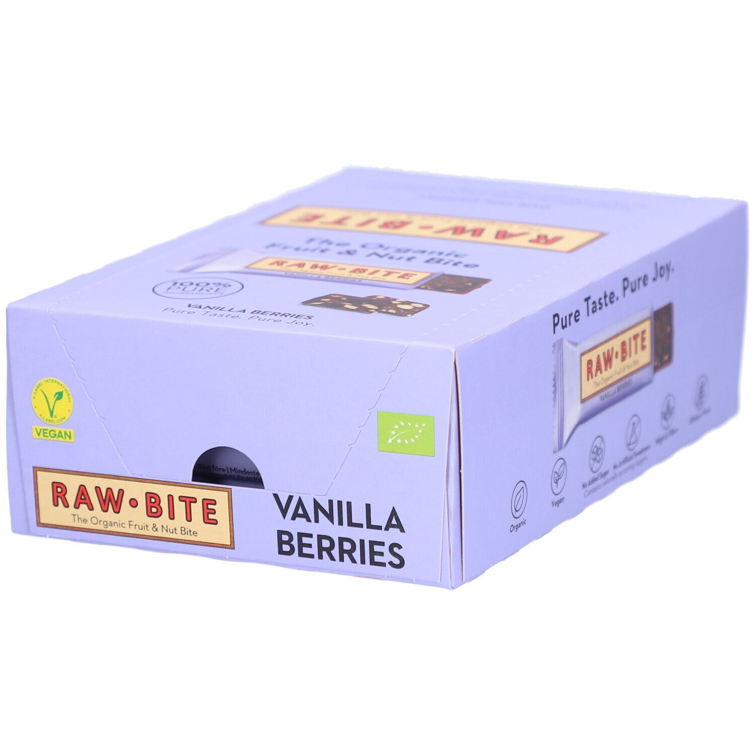 Karton mit RAWBITE Riegeln. Aufschrift: Vanilla Berries, Vegan, Bio-Siegel. Gelb-braunes Logo.