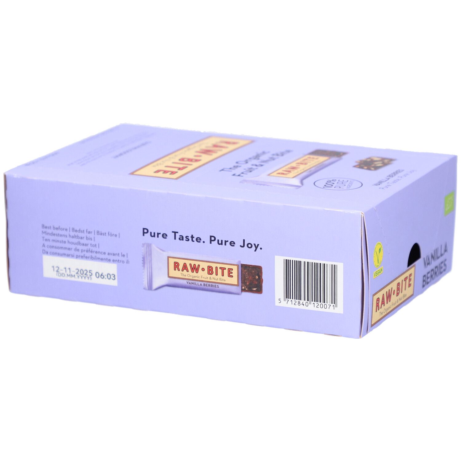 Karton mit RAWBITE Riegeln. Aufschrift: Vanilla Berries. Barcode und Mindesthaltbarkeitsdatum.