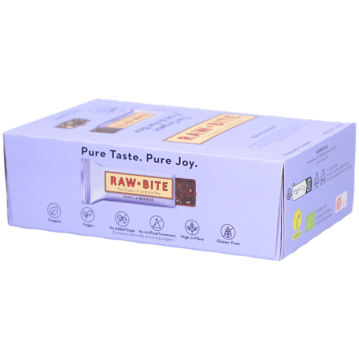 Karton mit RAWBITE Riegeln. Aufschrift: Vanilla Berries, Vegan, glutenfrei. Logo und Text.