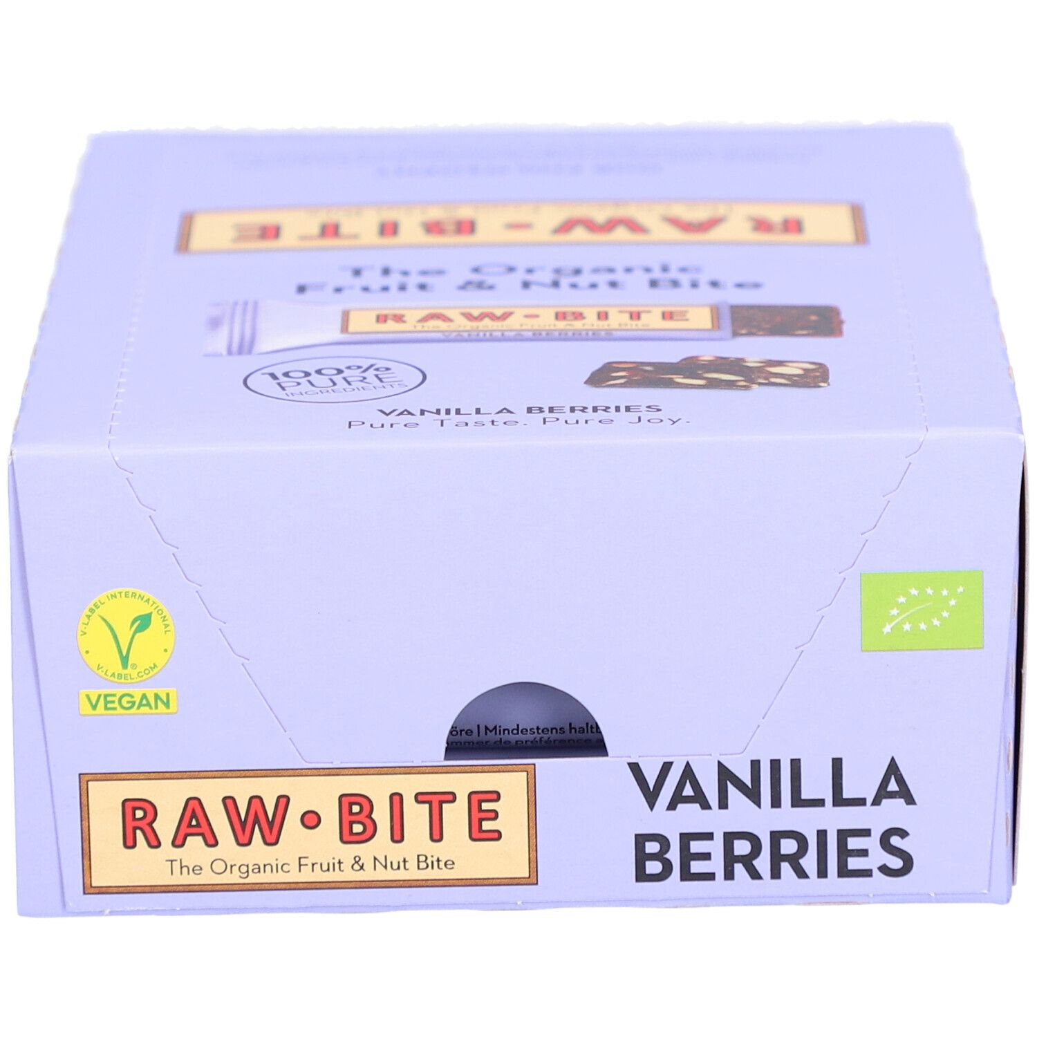 Karton mit RAWBITE Riegeln. Aufschrift: Vanilla Berries, Vegan, Bio-Siegel. Gelb-braunes Logo.