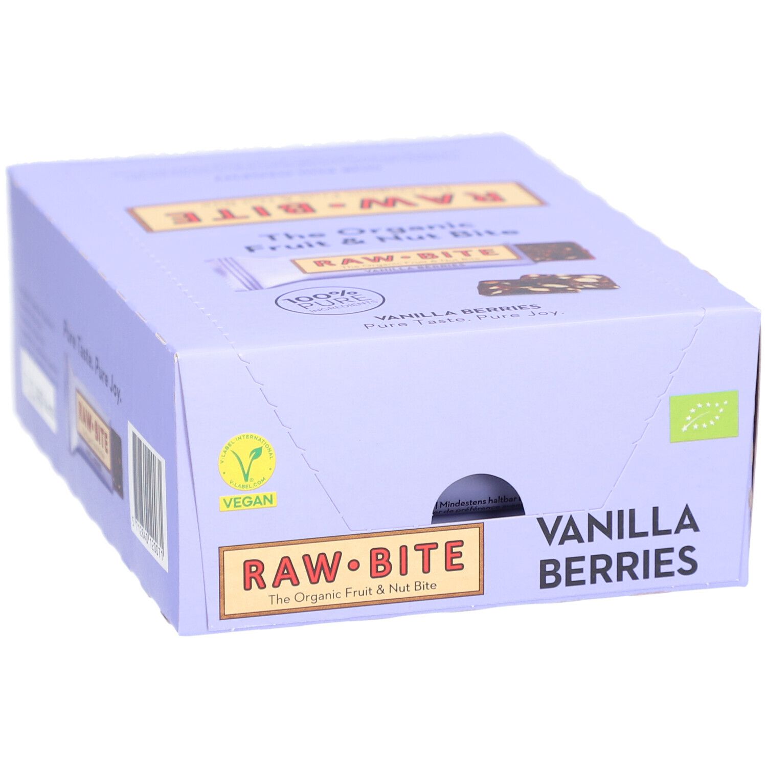 Karton mit RAWBITE Riegeln. Aufschrift: Vanilla Berries, Vegan, Bio-Siegel. Gelb-braunes Logo.