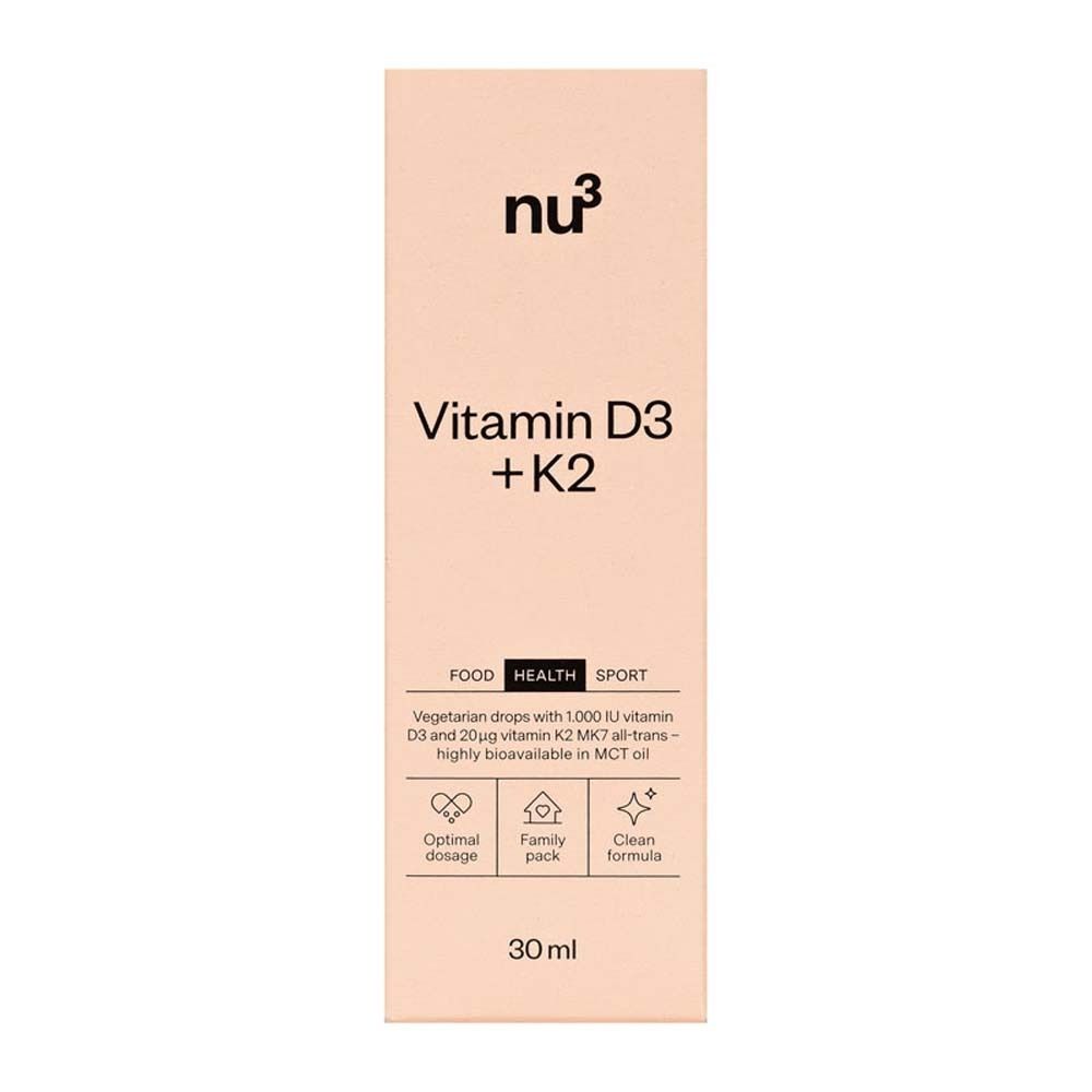 Verpackung mit Aufschrift: nu3 Vitamin D3 + K2, 30 ml. Logos: Food, Health, Sport.
