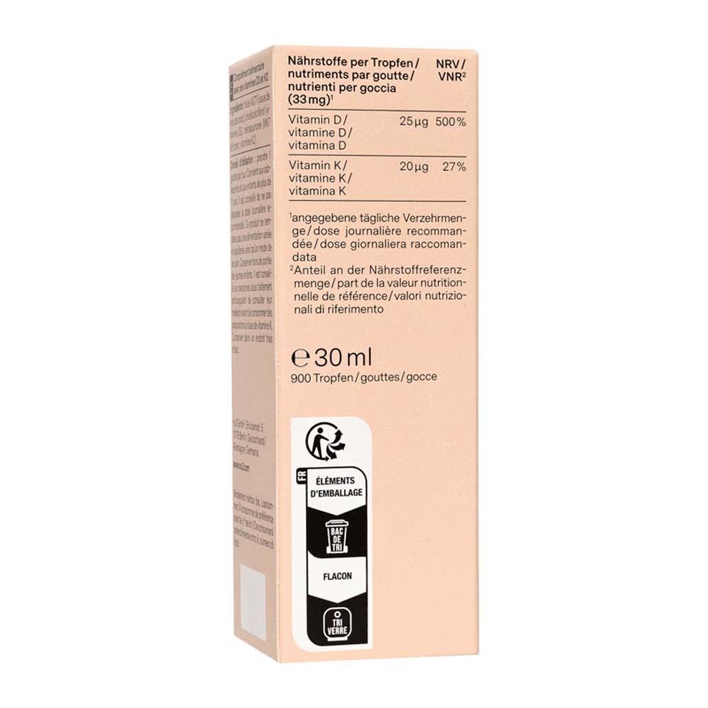 Verpackung mit Text. Aufschrift: nu3 Vitamin D3 + K2, 30 ml. Logos: Food, Health, Sport.